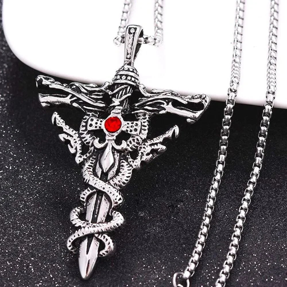 Vintage Double Dragon Sword Necklace for Men, BL55590007